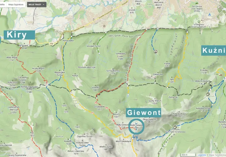 Mapa Tatr z zaznaczonymi szlakami. Od Kir do Giewontu jest ok. 10 km.