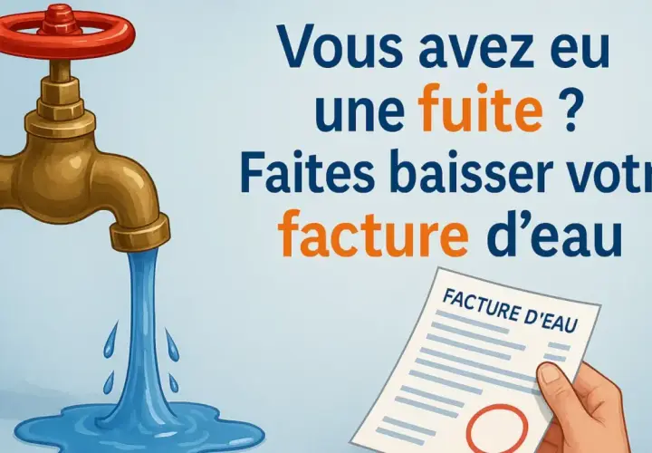 Robinet qui coule, symbolisant la surconsommation d'eau. Une facture d'eau est tenue par une main, suggérant une facture élevée due au gaspillage.