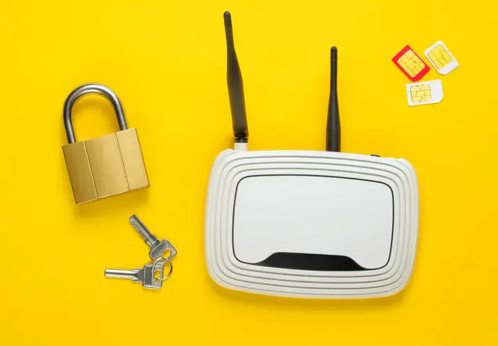 Router, kłódka, klucze i karty SIM symbolizują dostęp do sieci, w tym pasma LTE, oraz bezpieczeństwo połączenia.