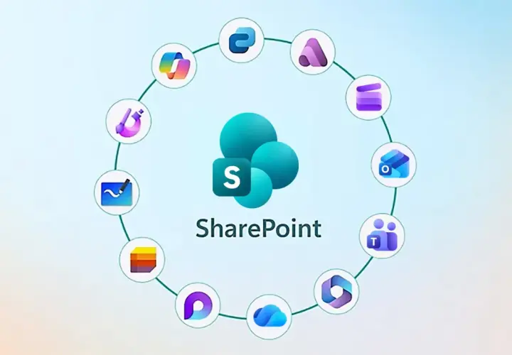 Le logo SharePoint est entouré d'icônes d'applications Microsoft. Apprenez comment créer un SharePoint pour organiser vos projets.