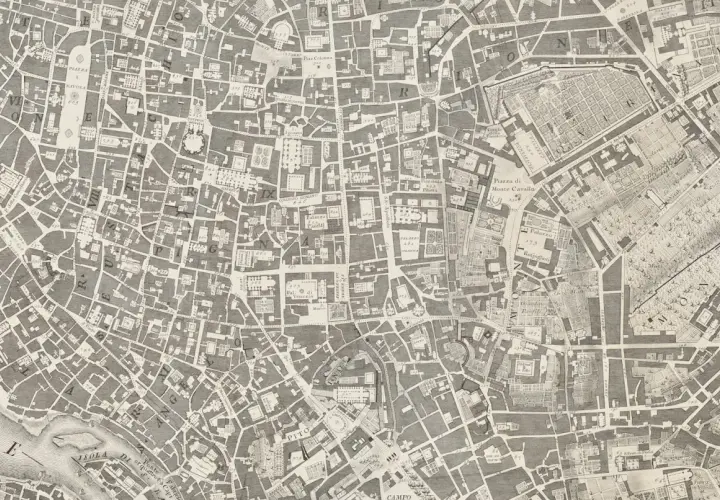 Stary plan zagospodarowania terenu z zaznaczonymi ulicami, placami i budynkami. Widać fragmenty Rzymu z epoki.