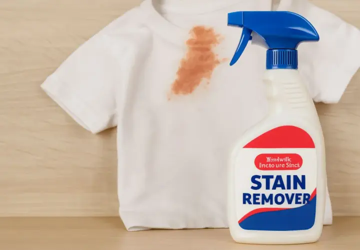 Biała koszulka z brązową plamą obok butelki z napisem "STAIN REMOVER". To najlepszy odplamiacz, który uratuje ubranie.