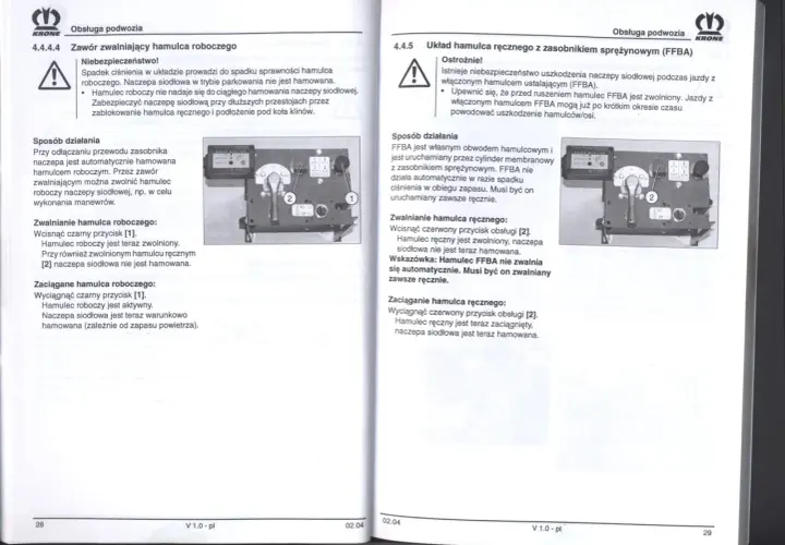 Aby zaciągnąć hamulec w naczepie, wyciągnij czarny przycisk [1]. Hamulec roboczy jest aktywny, a naczepa siodłowa jest warunkowo hamowana.