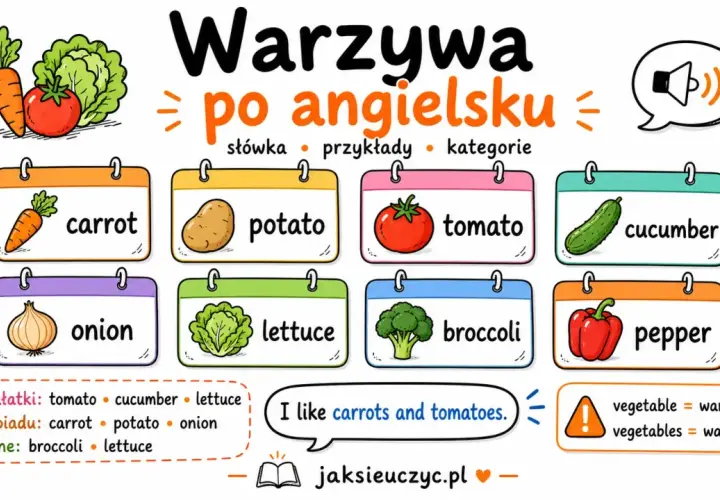 Kolory warzyw po angielsku: carrot, potato, tomato, cucumber, onion, lettuce, broccoli, pepper. Ucz się słówek!