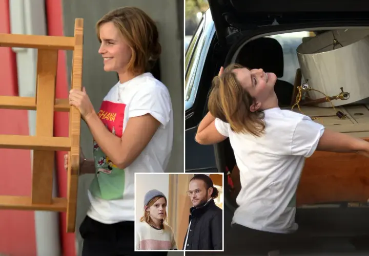 Emma Watson z meblem i w bagażniku samochodu, obok zdjęcie z mężczyzną.