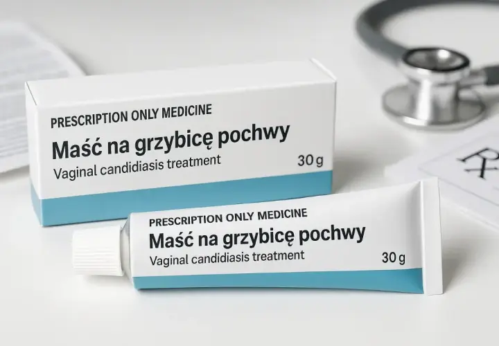 Maść na grzybicę pochwy, lek na receptę, w tubce i pudełku, obok stetoskopu i recepty.