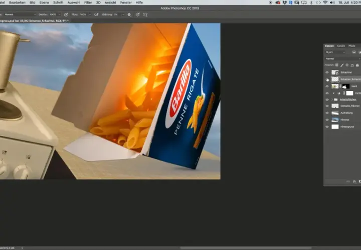 Jak zrobić cienie w Photoshopie: warstwy z cieniem pudełka makaronu Barilla i kuchenką.