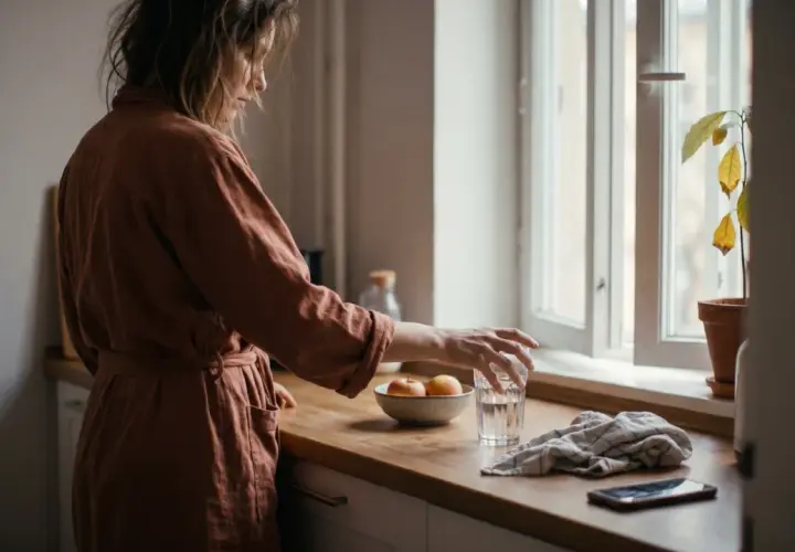 Donna in vestaglia prende un bicchiere d'acqua, con mele in una ciotola e un telefono sul bancone. I suoi sbalzi di umore sembrano riflettersi nella luce soffusa.