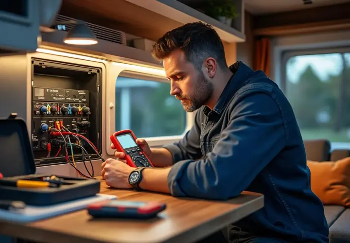 Un homme vérifie le panneau de contrôle camping-car Chausson avec un multimètre. Outils et câbles sont à portée de main.