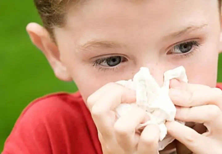 Niño con pañuelo en la nariz, mostrando síntomas de alergia en niños.