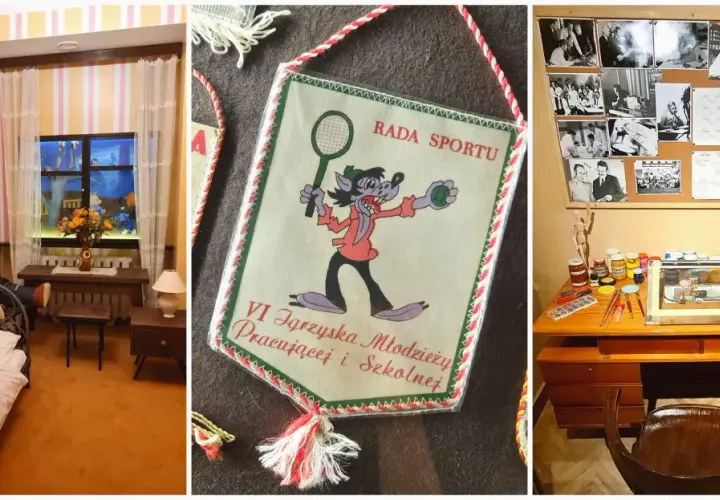 W muzeum bajek Rzeszów zobaczysz pokój z pluszowym misiem, baner sportowy z wilkiem i biurko artysty.