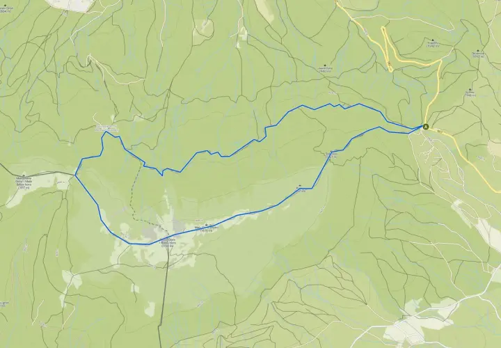 Mapa szlaku turystycznego przez polskie Karpaty, z zaznaczoną trasą od schroniska Markowe Szczawiny na Babią Górę.