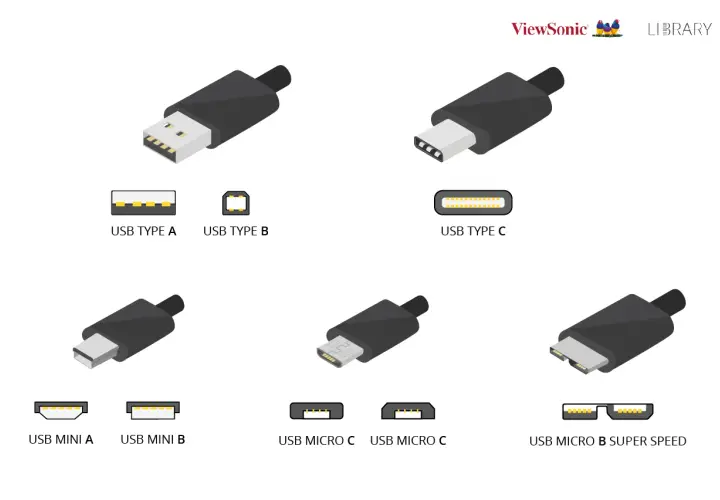 Verschiedene USB-Anschlüsse: Typ A, B, C, Mini und Micro. USB-C-Anschlüsse bieten hohe USB C Geschwindigkeit für schnelle Datenübertragung.