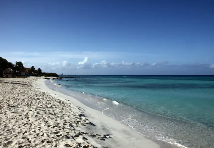 Piękna plaża na Karaibach, część dawnych **Netherlands Antilles**. Turkusowa woda, biały piasek i palmy tworzą rajski krajobraz.
