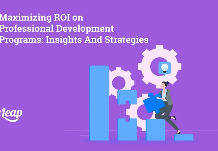 Maximizing ROI on professional development programs: A woman places a puzzle piece, symbolizing executive leadership development training, amidst gears and rising bars.