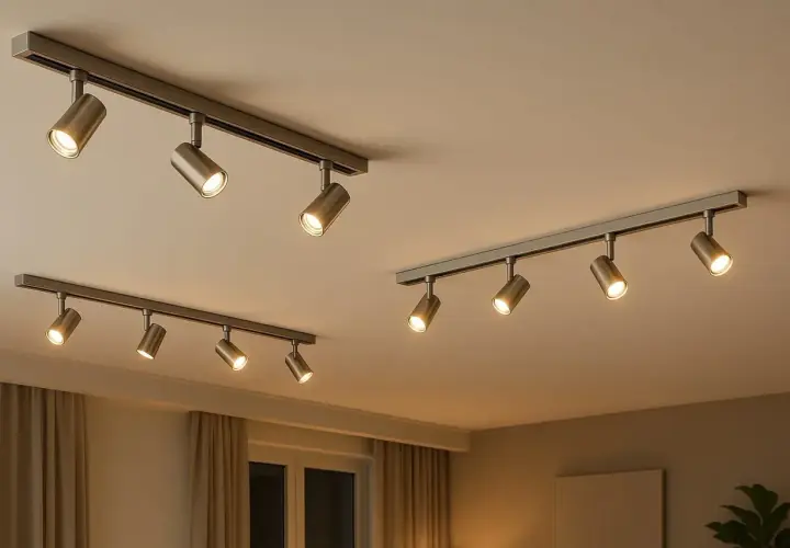 Modernos focos orientables techo en rieles metálicos, iluminando un espacio interior con luz cálida.