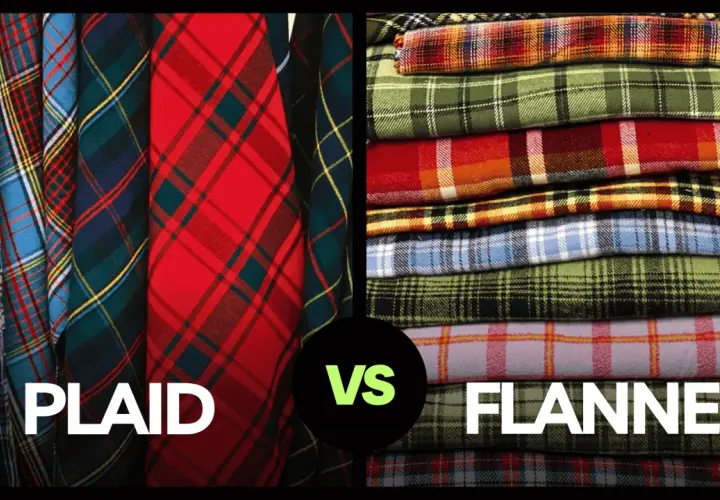 Plaid is a pattern, while flannel is a soft, woven fabric. This image shows a side-by-side comparison of plaid fabrics and stacked flannel shirts.