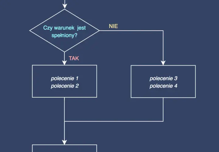 Schemat blokowy ilustrujący, co to jest instrukcja warunkowa: "Czy warunek jest spełniony?" - jeśli TAK, wykonaj polecenie 1 i 2; jeśli NIE, wykonaj polecenie 3 i 4.