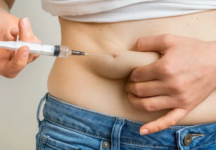 Zbliżenie na brzuch osoby, której podawany jest zastrzyk.