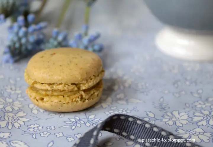 Delikatne makaroniki na bezie włoskiej, w pastelowym kolorze, leżą na błękitnej tkaninie w kwiaty.