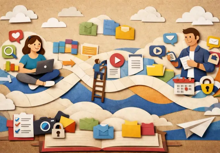 Illustrazione in carta ritagliata: persone che lavorano, icone digitali e concetti di problem solving esempi.