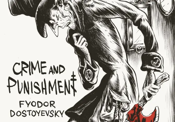 Mroczna ilustracja przedstawia Rodiona Raskolnikowa z siekierą, w tle napis "Zbrodnia i kara".