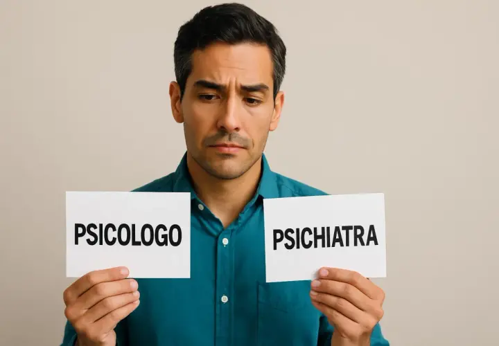 Uomo pensieroso con cartelli "Psicologo" e "Psichiatra", riflette sulla depressione e la psicoterapia.