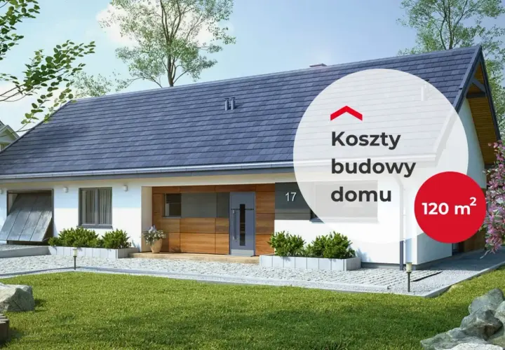 Nowoczesny dom z garażem, zielony trawnik. Na zdjęciu tekst: "Koszty budowy domu 120 m²".
