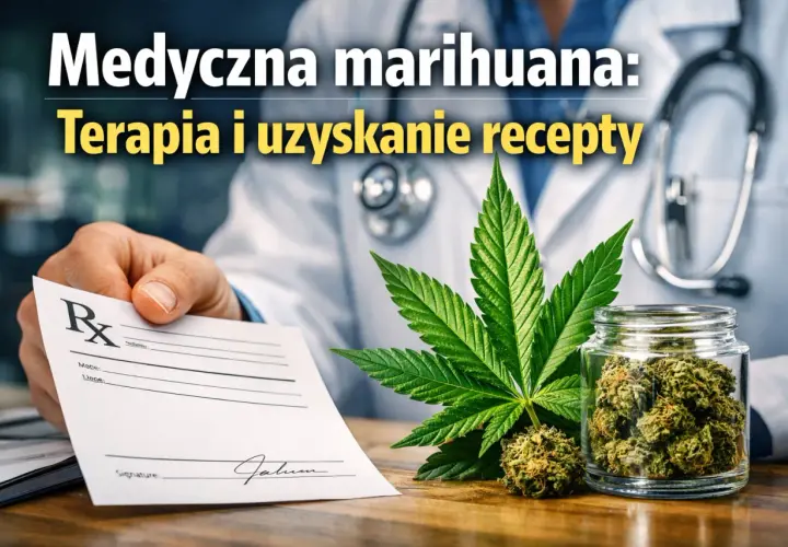 Lekarz podaje receptę na medyczną marihuanę, obok liść konopi i słoik z suszem.