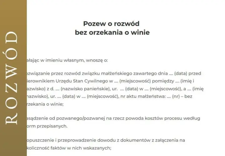 Wzór pozwu o rozwód bez orzekania o winie. Dokument zawiera dane małżonków, datę ślubu i miejsce, a także wniosek o zasądzenie kosztów procesu.