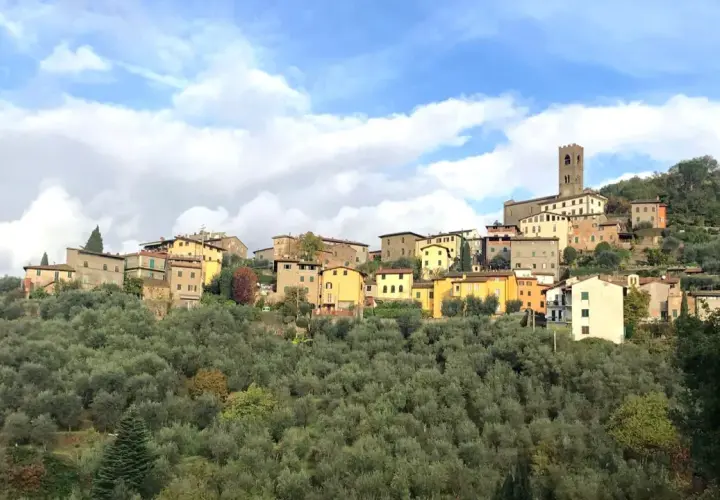 Un pittoresco borgo a Buggiano, con case colorate arroccate su una collina ricoperta di ulivi, sotto un cielo azzurro con nuvole bianche.