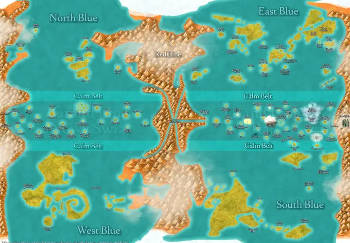 Mapa świata z One Piece, ukazująca cztery morza: North Blue, East Blue, South Blue i West Blue, oraz Grand Line z Red Line i Calm Belt. Wiele wysp i królestw, jak Wano czy Dressrosa, czeka na odkrycie.