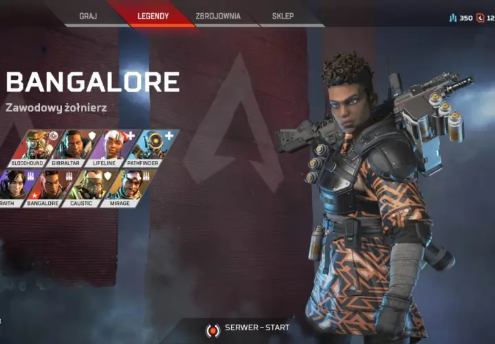 Wybór postaci w Apex Legends. Widoczna Bangalore, "Zawodowy żołnierz", obok innych legend: Wraith, Bloodhound, Gibraltar, Lifeline, Pathfinder, Caustic i Mirage.