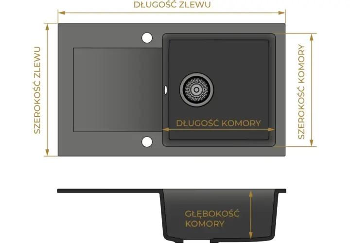 Schematyczny rysunek zlewu kuchennego z wymiarami: długość i szerokość zlewu, długość i szerokość komory, głębokość komory.