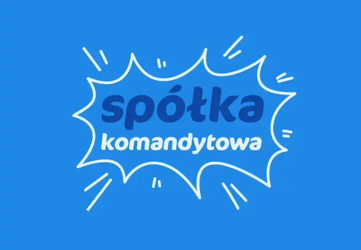 Biały, kreskówkowy dymek z napisem "spółka komandytowa" na niebieskim tle.