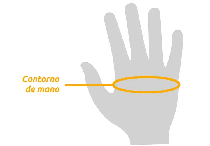 Ilustración de mano gris con línea naranja indicando el contorno de mano para determinar la talla L de guantes.