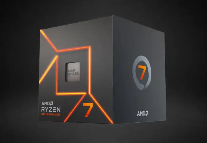 AMD Ryzen 7 7000 Series Prozessor-Box mit leuchtenden Linien. Der Ryzen Master ist bereit für Höchstleistungen.
