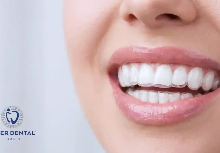 Uśmiechnięta kobieta z dyskretnymi, przezroczystymi nakładkami na zęby. Inter Dental Turkey oferuje estetyczne rozwiązania dla pięknego uśmiechu.