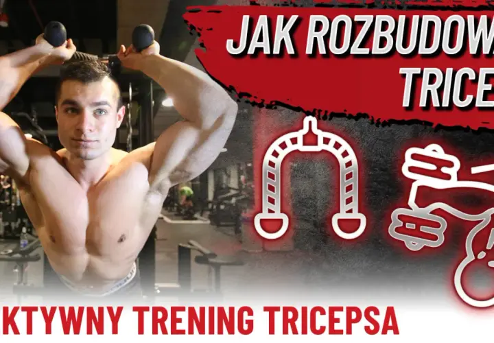 Mężczyzna wykonuje ćwiczenia na triceps z linkami wyciągu. Grafiki ilustrują trening tricepsa.