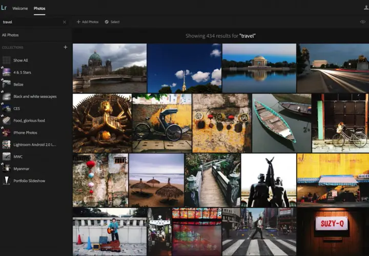 Widok Lightroom web z kolekcją zdjęć podróżniczych. Widać Berlin, Waszyngton, łodzie, rower i uliczne sceny.