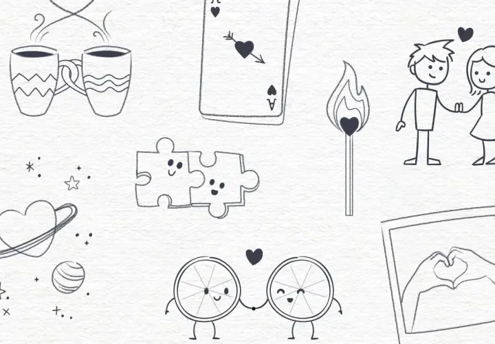 Tiernos dibujos de amor: tazas humeantes, pareja de rompecabezas, cerilla encendida, pareja de palitos, naranjas enamoradas y manos formando un corazón.