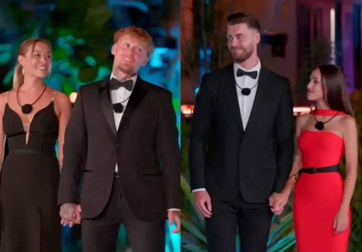 Hotel Paradise 1 uczestnicy: dwie pary w eleganckich strojach, mężczyźni w garniturach, kobiety w sukniach.