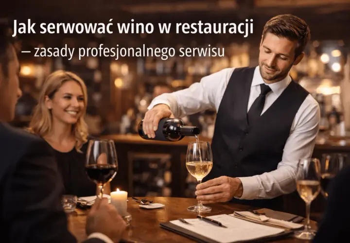 Kelner serwuje wino, prezentując zasady profesjonalnego serwisu i etykiety w restauracji.