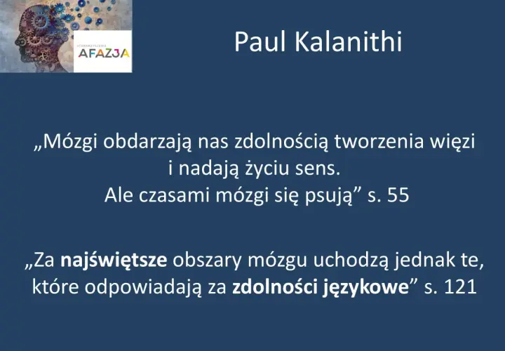 Afazja co to? Grafika przedstawia mózg z trybikami, symbolizujący jego działanie. Cytaty Paula Kalanithiego o mózgu i jego funkcjach.