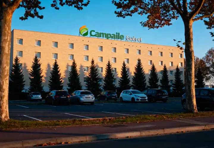 Façade de l'hôtel Campanile Guéret avec parking et arbres.