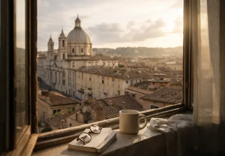 Un caffè e un libro sul davanzale, con la vista di Roma 24h che si svela al tramonto.