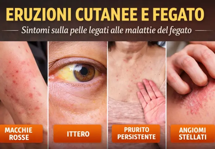 Eruzioni cutanee e ittero, sintomi di malattie epatiche. L'arrossamento cutaneo, macchie rosse e prurito persistente possono indicare problemi al fegato.