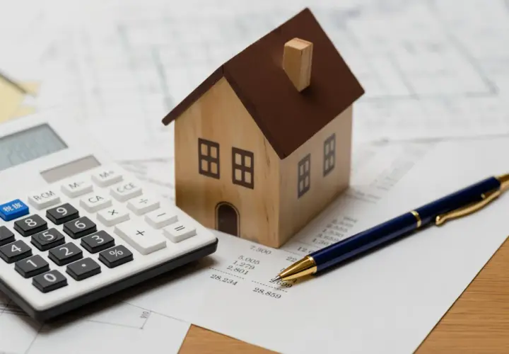 Maquette de maison, calculatrice et stylo sur des documents financiers. Idéal pour illustrer un avis Camif Habitat sur l'investissement immobilier.