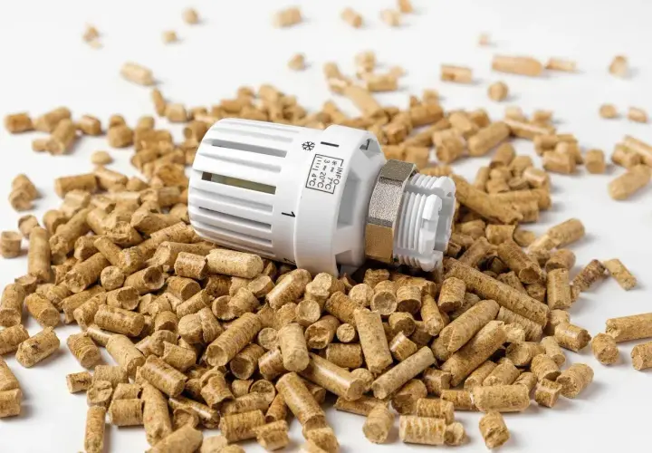Termostat grzejnikowy leży na stercie premium selection pellets.