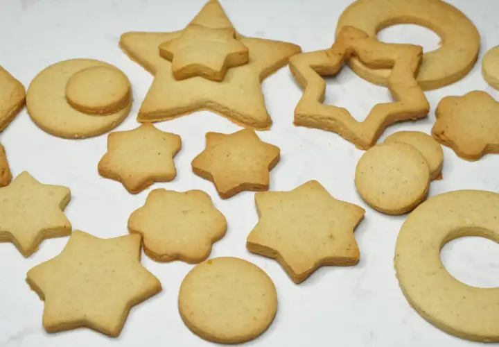 Variedad de galletas caseras horneadas con formas de estrellas, círculos y un anillo.
